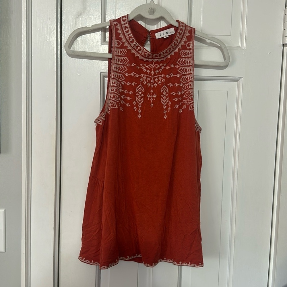 THML Sofia Moroccan Embroidered top Melon Orange and White size  large